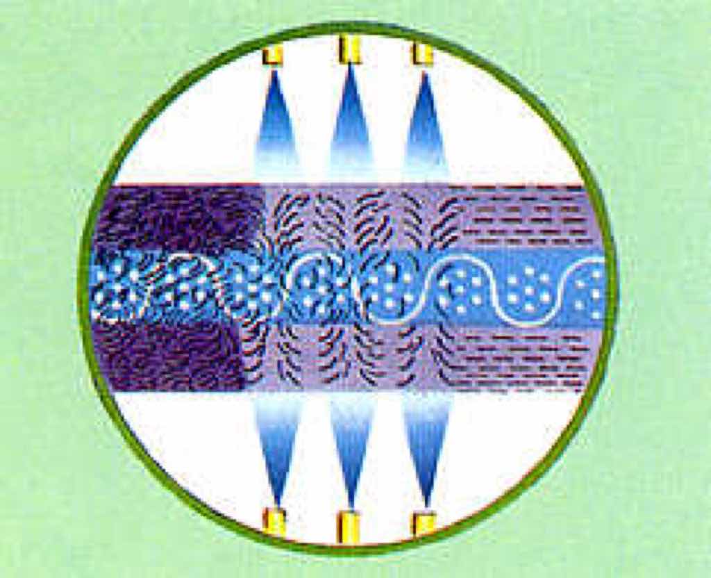 An diesem Beispiel wird gezeigt, wie auf einen Träger beidseitig Mikrofasern aufgeschwemmt und miteinander verwirbelt werden.